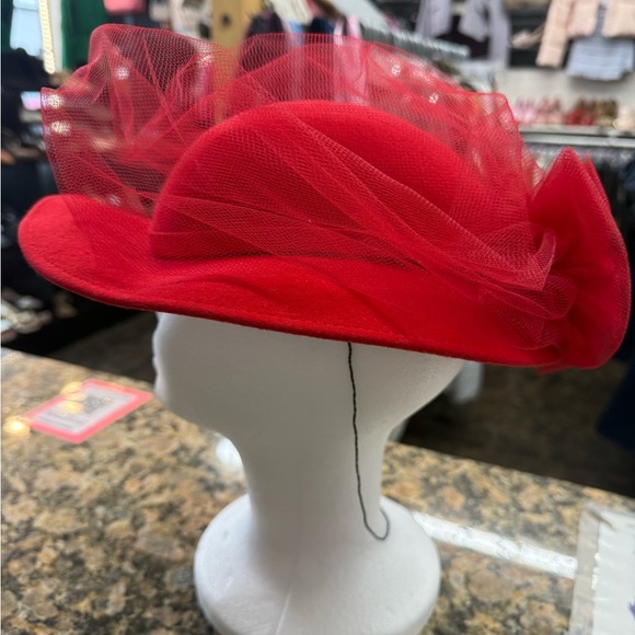 Fedoria Red 100% Wool Wide Brim Hat Tulle Veil Derby Church Formal main image 6
